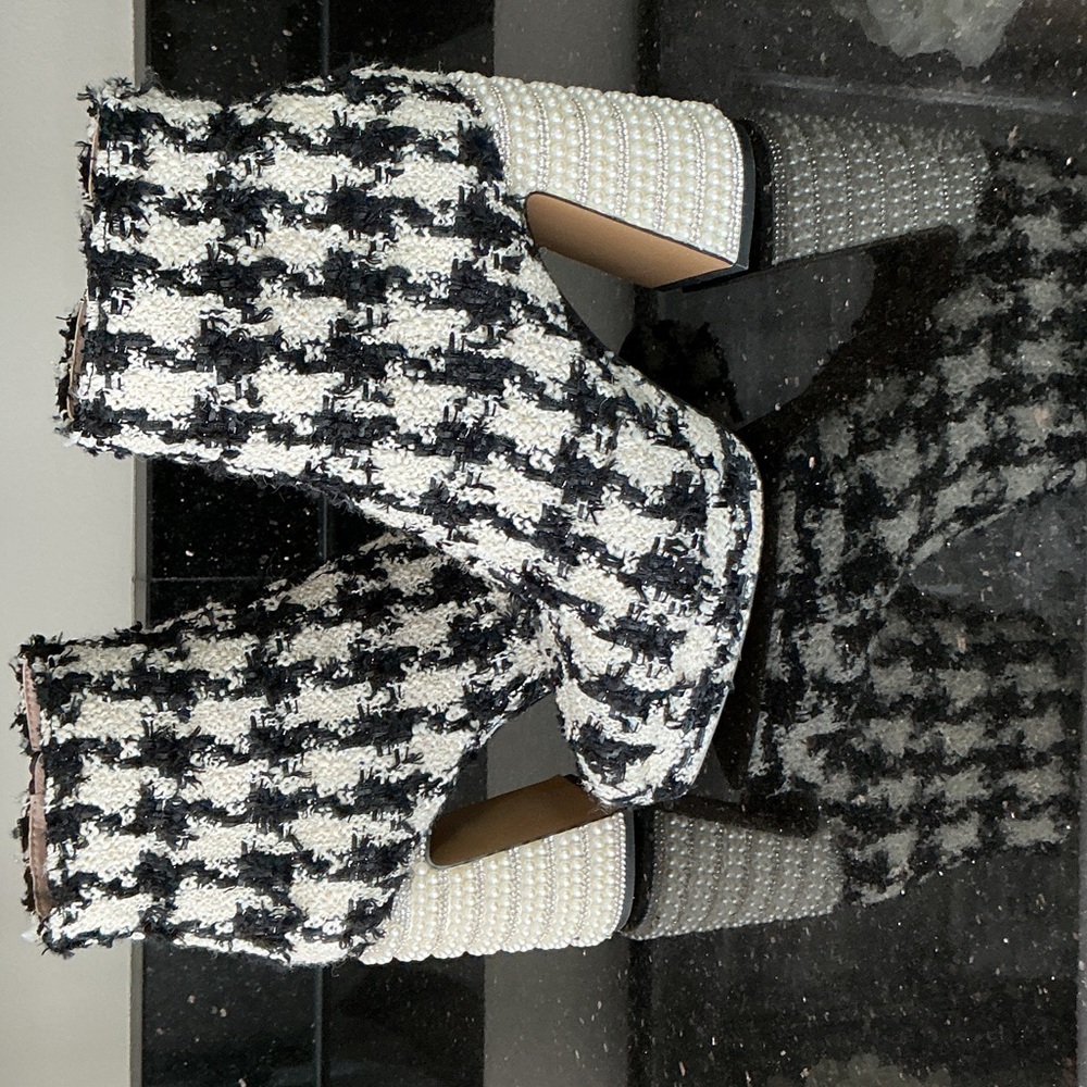 Betsy Johnson Black and White Houndstooth Ankle Boots with Pearl Heels